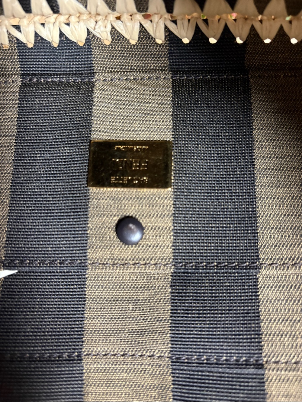 FENDI Fabric Jacquard Raffia Straw Pequin Gingham Woven Baguette Beige Black - Picture 11 of 16